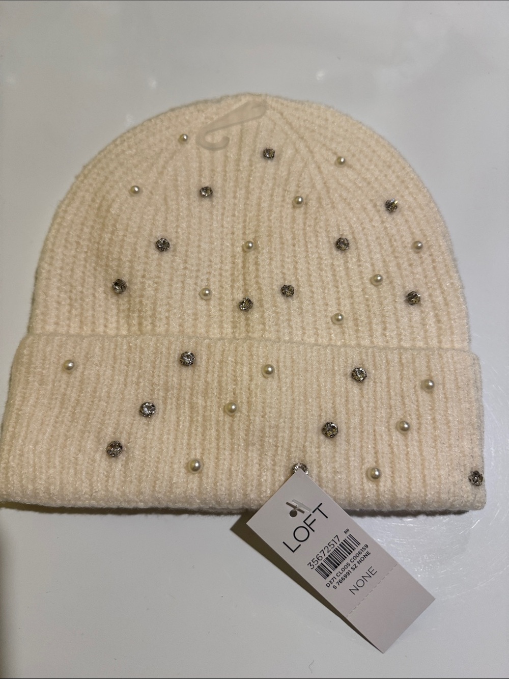 LOFT Cream Knit Beanie with Pearl & Rhinestone Accents